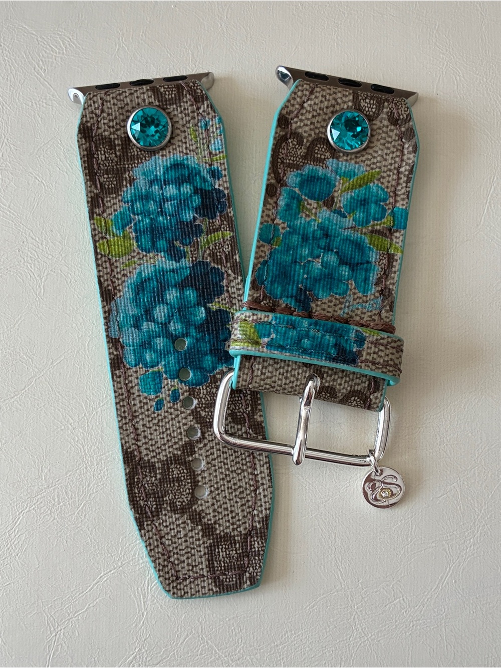 Spark*l “Audrey Blooms” on Authentic Upcycled Brown Webbed GG Apple Watch Band